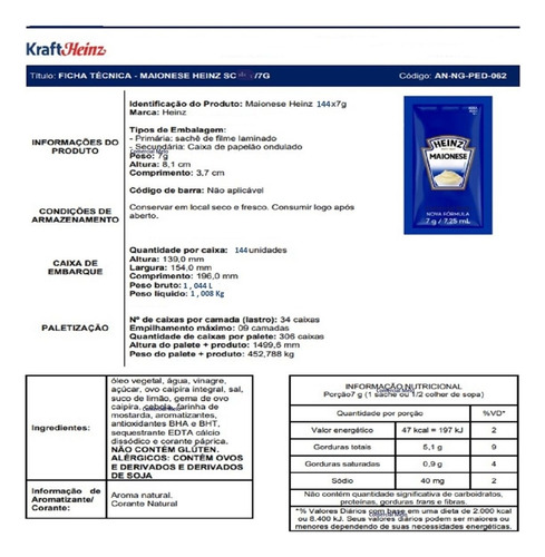 Combo 2 Maionese Heinz 144 Sachês Caixa 7g Sache Restaurante