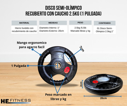 Disco Olímpico Recubierto C/caucho 2.5kg (5.5/1pulgada) 2pzs