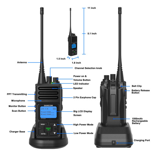 Walkie Talkie Samcom, 5 W, Alta Potencia, 9 Unidades, Largo