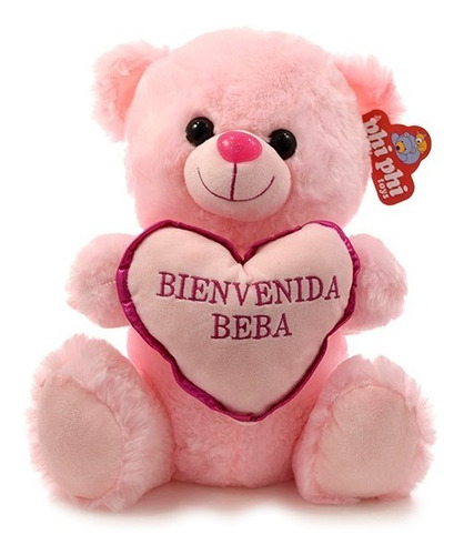 Peluche Oso Rosa Y Celeste. Corazon. Bebe Nacimiento 35 Cm.