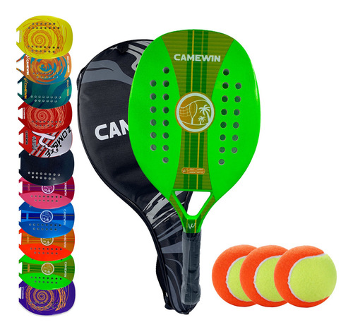 Kit Raquete Beach Tennis Fibra De Carbono Com Capa + 03 Bola Cor Verde-claro