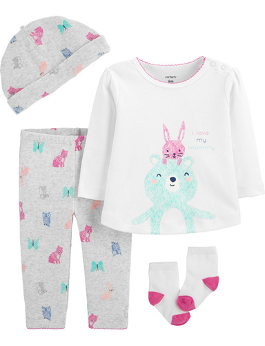 Carters Set 4 Piezas Remera Pantalon Gorro Medias Animales