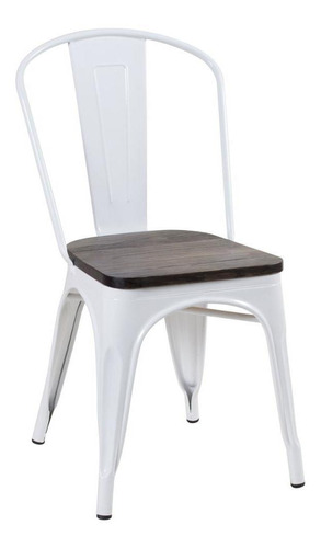 Cadeira Iron Tolix Assento Madeira Rústica Escura - Branco