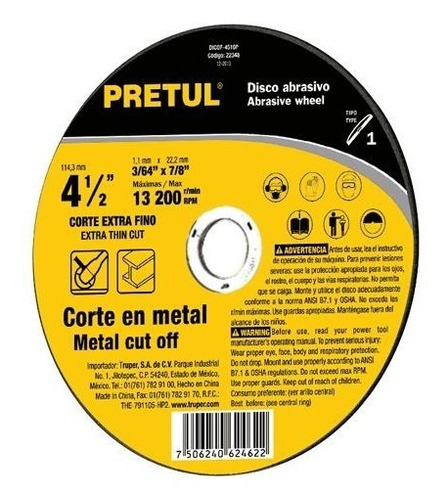 Disco Corte Metal 4-1/2' X 1.2mm Pretul 22344