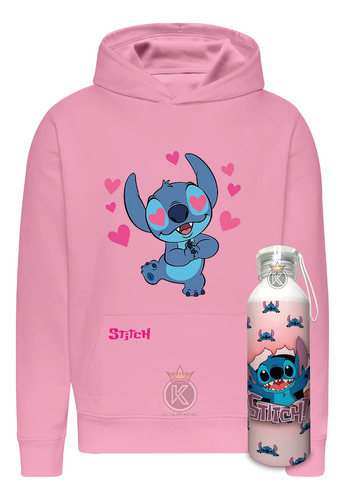 Poleron Lilo & Stitch + Botella En Aluminio 750ml - Perro Extraterrestre - Full Color - Serie - Estampaking