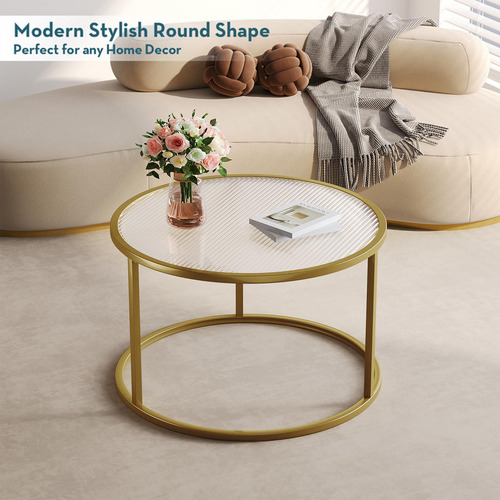 Mesa De Centro Redonda De Vidrio Con Marco Metal Dorado