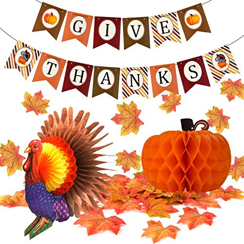 Give Thanks Banner With Paper Colorful Turkey Pumpkin A...