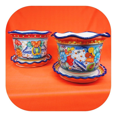 Set 2 Macetas Con Plato Medianas Color Talavera Poblana Mt2