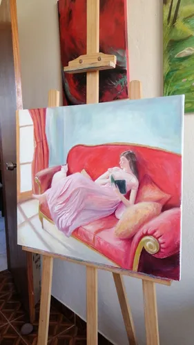 Cuadro Pintura Al Óleo Mujer Leyendo Sobre El Sofá Arte