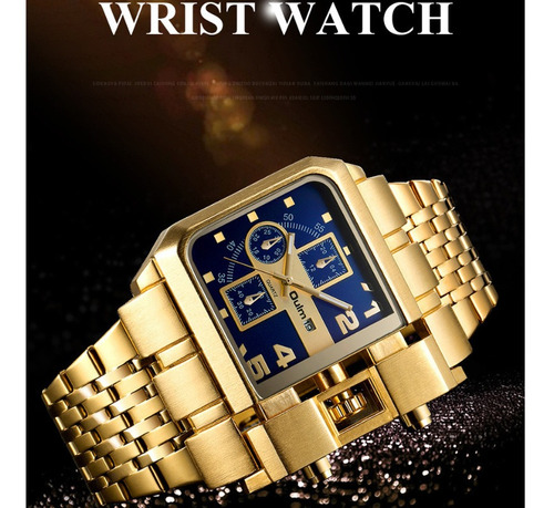 Reloj de pulsera Oulm HP3364B de cuerpo color dorado, analógico, para hombre, con correa de acero inoxidable color dorado y azul y expandible