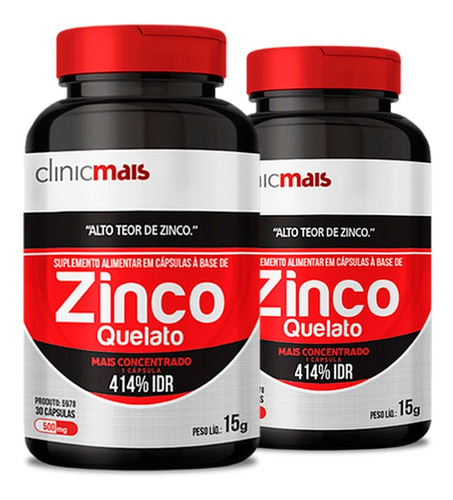 Kit 2 Zinco Quelato 500mg Clinic Mais 30 Cápsulas. Sabor Sem Sabor