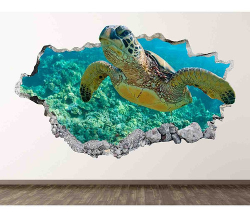 Vinilo 3d Pared Rota Tortuga Mar Decoración 120x75cm