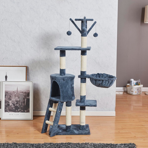 Rascador Para Gato Árbol Gimnasio Torre Todo En 1 Con Casa Azul