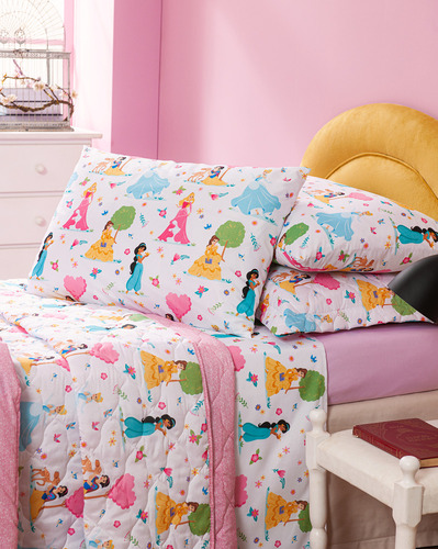 Jogo De Cama Cama 04 Peças Disney 100% Algodão Macio Cor Princess Wonder Desenho Do Tecido Liso