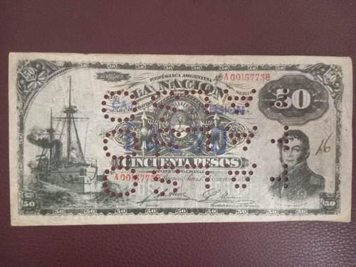 Alembassi Billete 50 Pesos (1895) Falso De Época Perforado