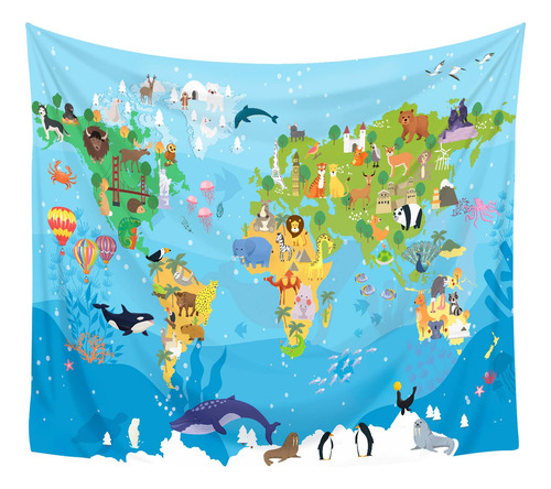 Tapiz Multicolor De Mapa Del Mundo Con Animales Para Decorar