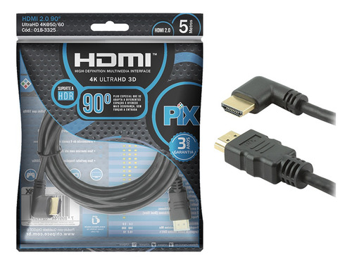 Cabo Hdmi 90 Graus 5 Metros 2.0 3d 4k 19 Pinos Pix 018-3325