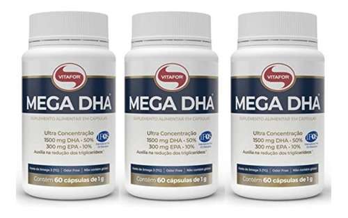 Kit 3x Suplemento Em Cáps Omega 3 Vitafor Mega Dha 60 Caps C Sabor Sem Sabor