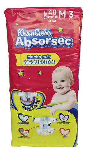 Pañales Kleen Bebé Etapa 3 Mediano Absorsec M 3 40pz