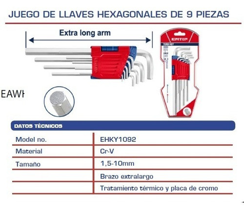 Imagen 2 de 3 de Llave Tipo L Hexagonal Extra Largas 9 Pcs