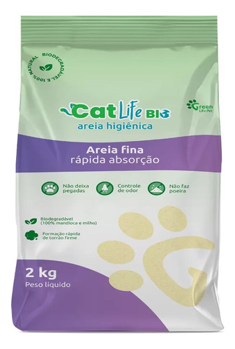 Areia Higiênica Cat Life Bio Grãos Finos 2kg de peso líquido