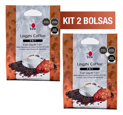 Kit 2 DXN | Lingzhi Coffee 3 en 1 | Café con Crema Instantaneo Soluble Potenciado con Ganoderma Lucidum Reishi | Cafe con Hongos Adaptogenos | Delicioso y Cremoso Instant Mushroom Coffee | 20 Sobres