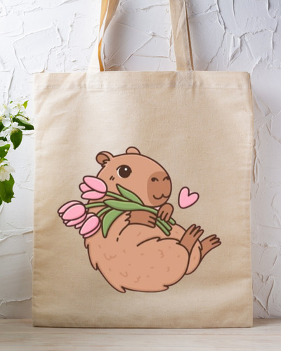 Tote Bag Tela - Estampado De Capibara - Tulipán 40x35cm Beige Capibara Con Flores