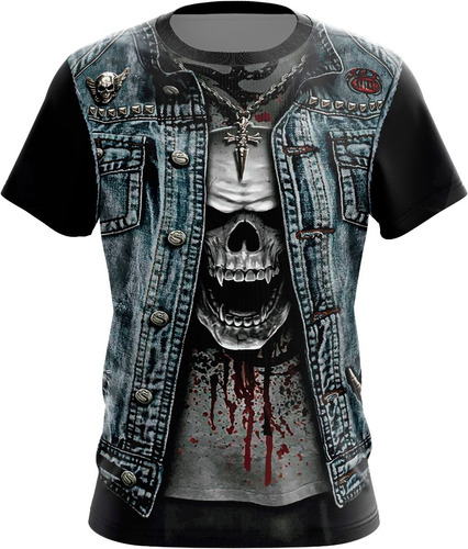 Remera Chaleco Jean Moto Calavera Full Print - Sublimadas