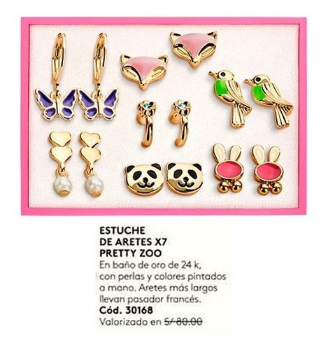 Hermosos Aretes Esika Niñas 7 Pares Pretty Zoo Baño Oro 24k