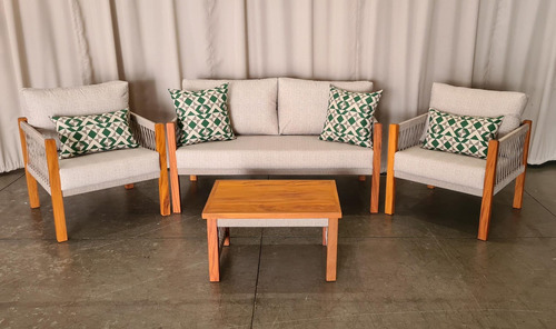 Conjunto Sofá + Poltrona + Mesa De Centro Área Externa Cor Azul e Branco