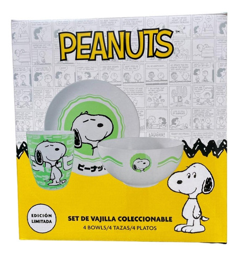 Vajilla Peanuts Snoopy (4 Tazas, 4 Bowls, 4 Platos)