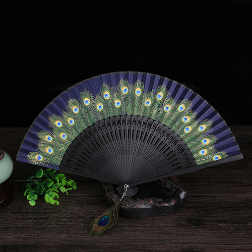 Abanicos De Mano Con Estampado De Pavo Real, Vintage,