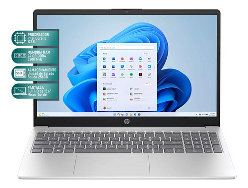 Laptop HP 15 Intel Core i5 24GB RAM 256GB SSD 15.6" Windows 11 Home Teclado en Ingles Color Plata Mouse DXT