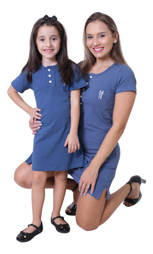 Tal Mãe Tal Filha Vestido Henley Azul Petroleo