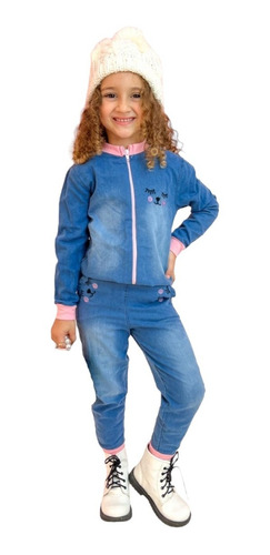 Conjunto Inverno Infantil Jeans Cílios Menina Jaqueta Calça