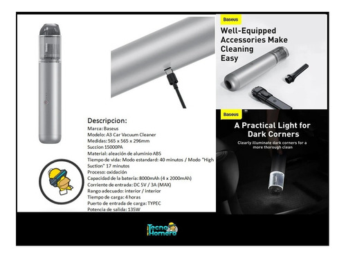 Imagen 7 de 10 de Aspiradora Portátil Inalámbrica Para Automóvil Luz Baseus Ma
