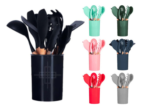 Jogo 11 Colheres Silicone Cabo Madeira Utensílios Cozinha Cor Preto