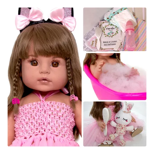 Boneca Bebê Reborn Vinil Realista com Gatinho e acessórios 45cm