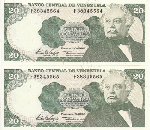 Imagen 1 de 3 de 2 Billetes Consecutivos 20 Bolívares 02-10-1998 F38345564/65
