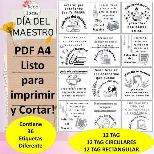 Imagen 1 de 4 de Imprimible Etiquetas Tarjetas Dia Del Maestro - Primer Pdf 