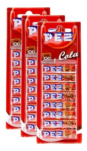 Kit 3 Pez Pastilhas 1 Cartela Refil 8 Sabor Cola 68g