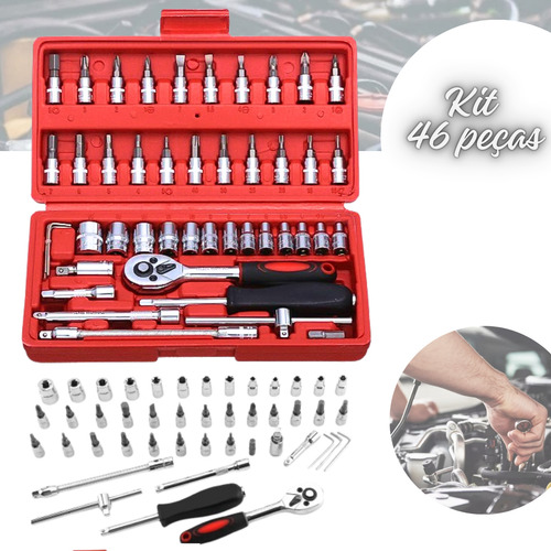 Jogo Kit Ferramentas Connect Ecom 46 Peças Chaves Fenda Philips Catraca Soquetes Combo Completo Crv Bits 1/4