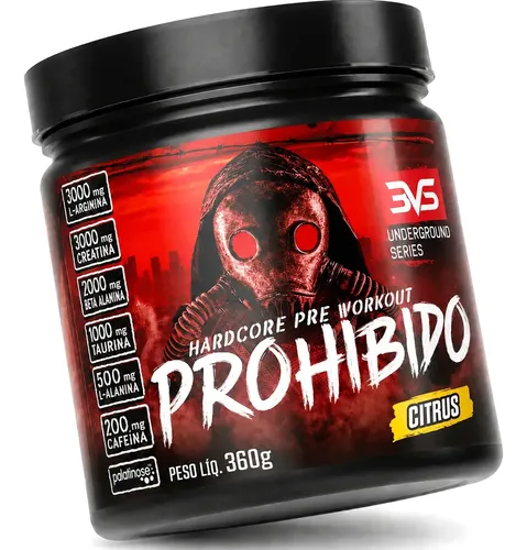 PRÉ TREINO PROHIBIDO 360g Sabor Citrus - Fórmula Exclusiva contendo Creatina, Beta Alanina, Taurina, L-tirosina, L-alanina, Cafeína, Arginina e Palatinose