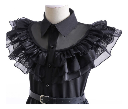 Vestido Festa Baile Wandinha Addams Halloween Cinto E Peruca