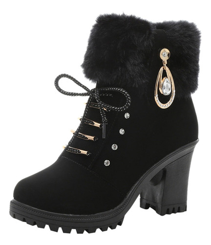 Zapatos Tipo Bota Para Mujer, Punta Redonda, Color Liso, Con