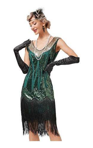 Vintage Gatsby Cocktail Ball Vestido Con Flecos Lentejuelas