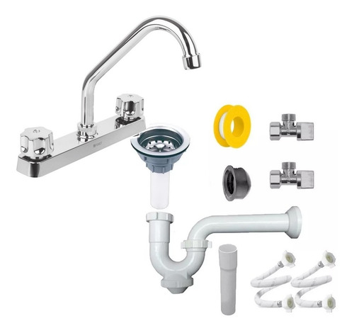 Kit Mezcladora Fregadero Abs Y Accesorios Instalación Tarja Acabado Brillante Color Plateado