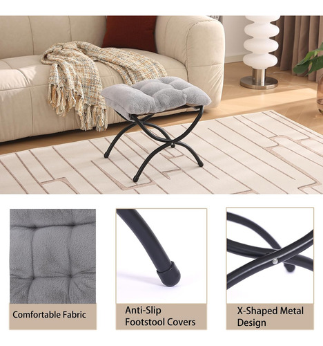 Taburete Plegable Tapizado Gris Felpa Con Cojín Desmontable
