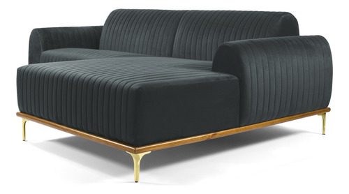 Sofá 300cm 5 Lugares Com Chaise Direito Pés Gold Molino B-31 Cor Cinza-escuro Desenho Do Tecido Liso