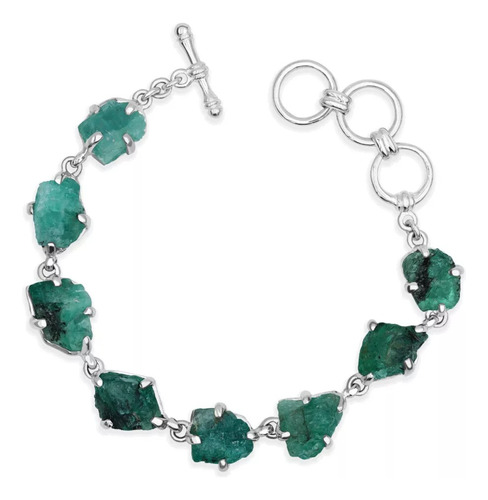 Impresionante Brazalete De Plata 925 Con Esmeraldas En Bruto Color Verde Diámetro 20 Cm Largo 20 Cm